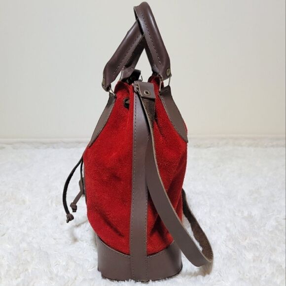 Red Suede Bolivian Folk Vintage Leather Synching Boho Bucket Bag Purse - Picture 7 of 13
